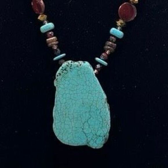 Vtg Glass & Stone Beaded Statement Necklace 9" Multicolor Howlite Stone Pendant - Picture 5 of 8